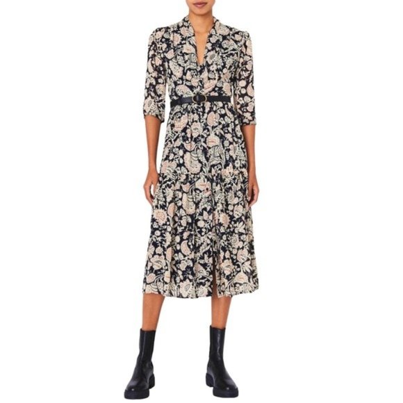 ba&sh Dresses & Skirts - ba&sh Aline Floral Print Navy Noir Chiffon Midi Dress Size 8 NWT